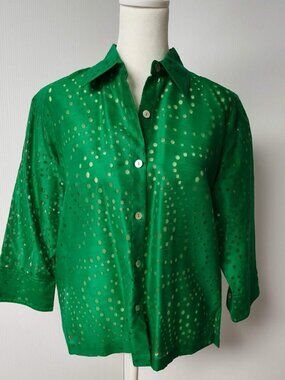 Choices Bright Green abstract linen burnout blouse, 3 quarter sleeves, size S
